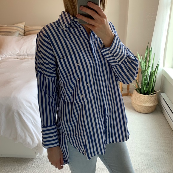 Zara Tops - Zara Pearl-Detail Striped Shirt